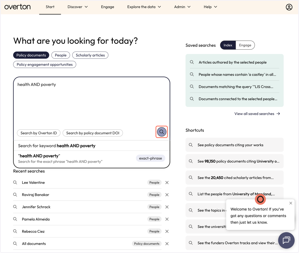 Click on the Search icon without entering keywords to look at Overton's entire set of policy documents.
