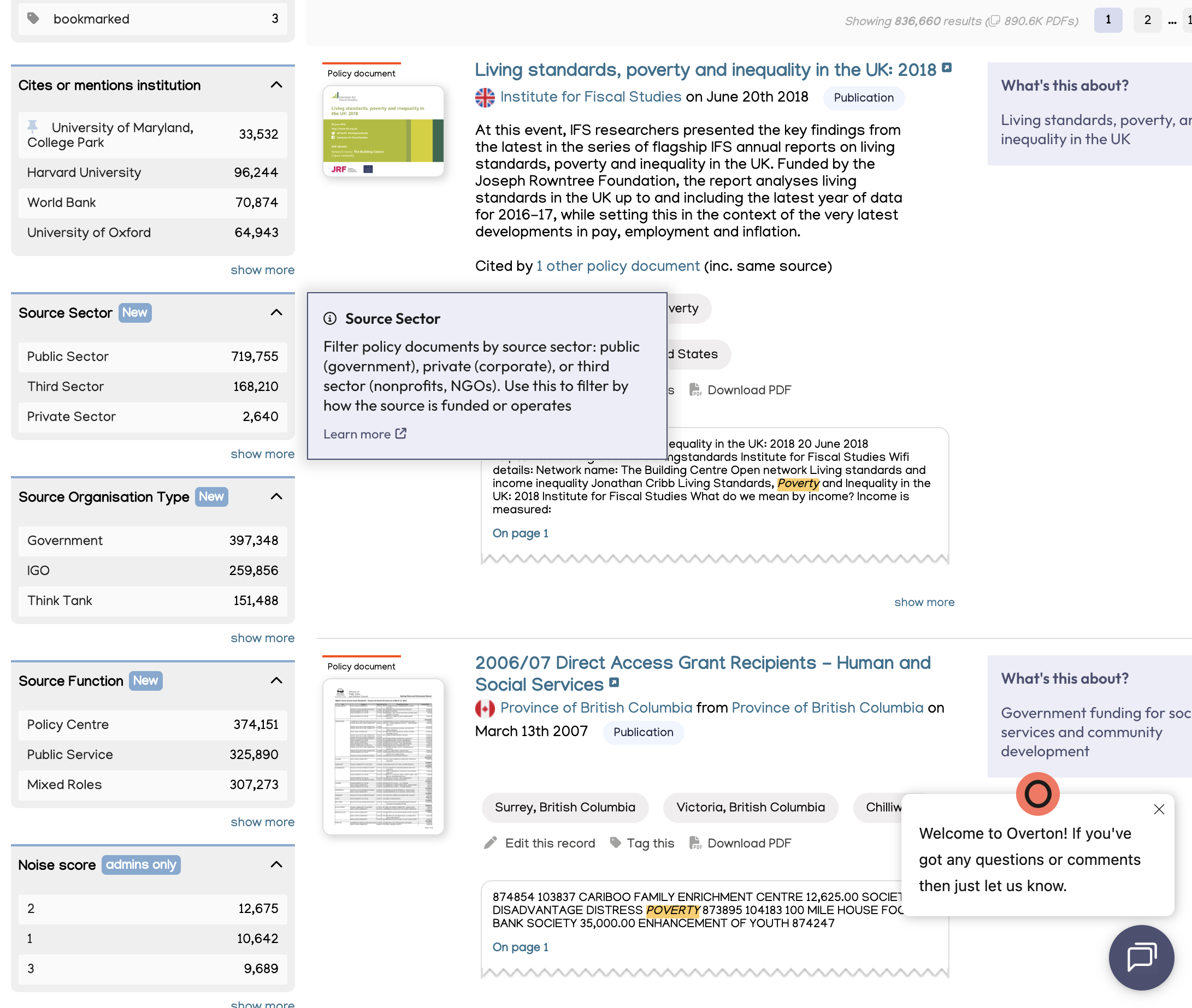 Your results page has filters on the left including Source Sector (public, private, or third)...