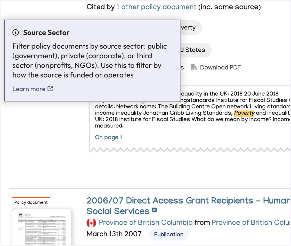 Your results page has filters on the left including Source Sector (public, private, or third)...