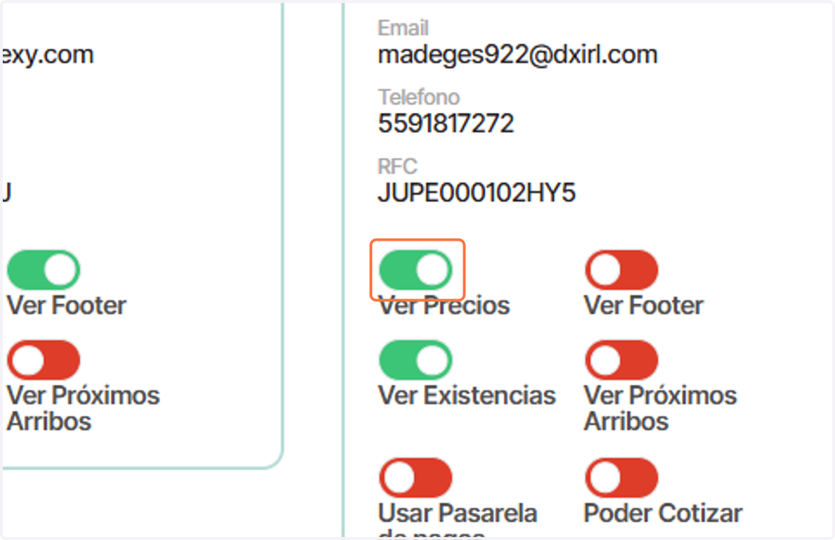 Podrá ver o no precios, existencias, próximos arribos, usar la pasalera de pagos o cotizar