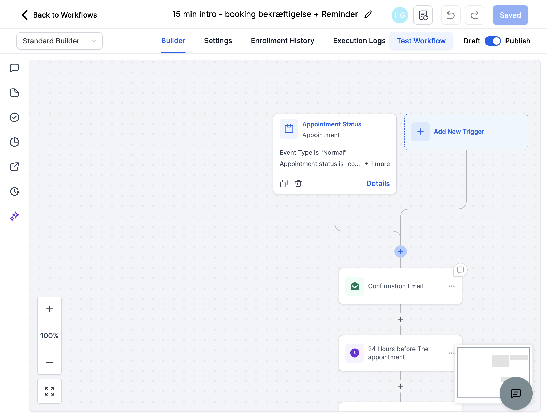 Gå til dit workflow der udsender bookingbekræftelse og klik på +Add Action i toppen af workflowet