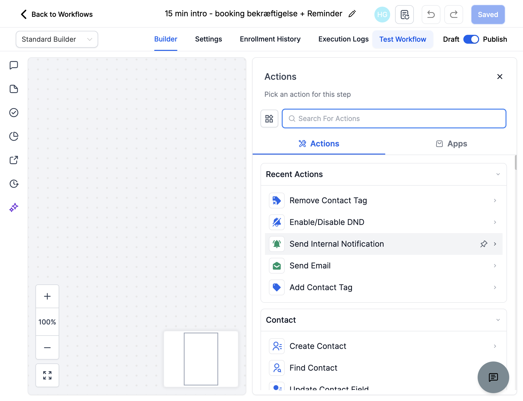 Vælg action - Send Internal Notification