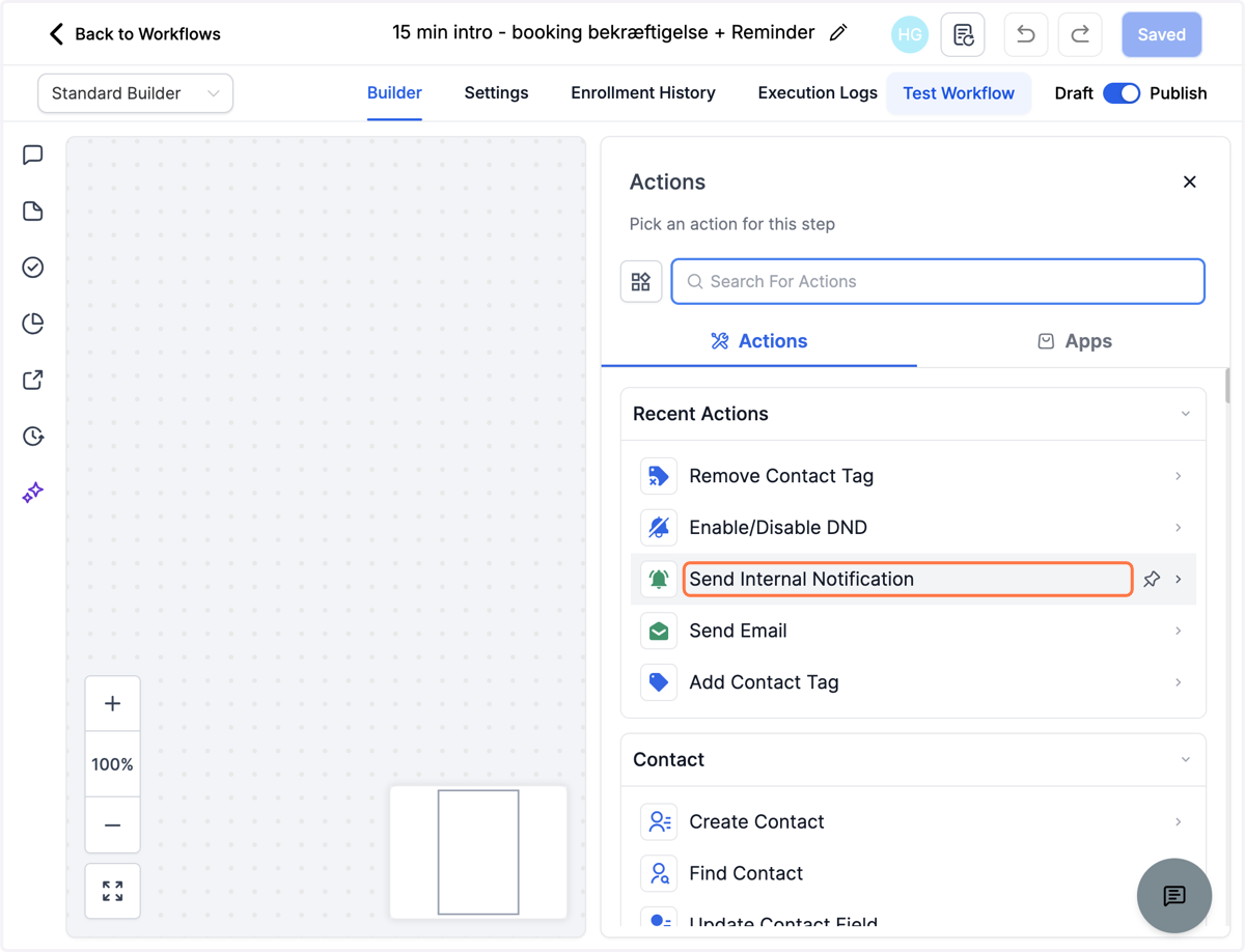 Vælg action - Send Internal Notification