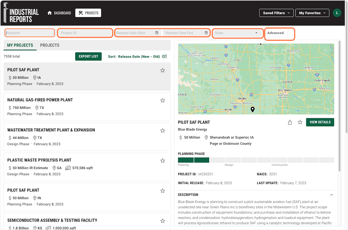 Above these sections are the Search and Filter functions. You can filter the list below by Keyword, Project ID, Release Dates, and State or Province. Click Advanced for additional filtering options.