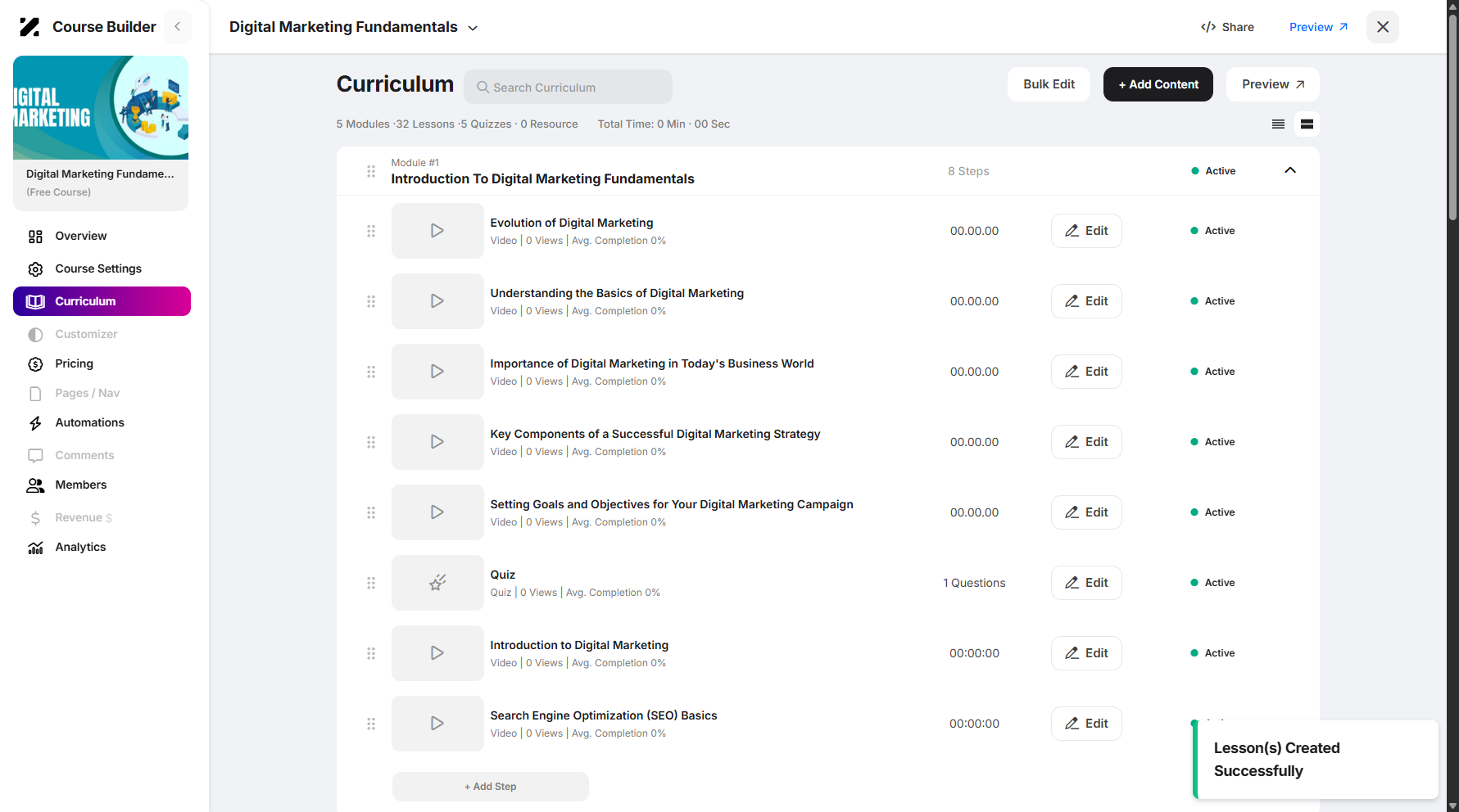 Adding a Step/Lesson to a Curriculum