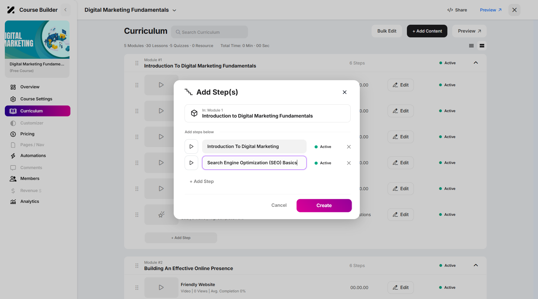 Adding a Step/Lesson to a Curriculum