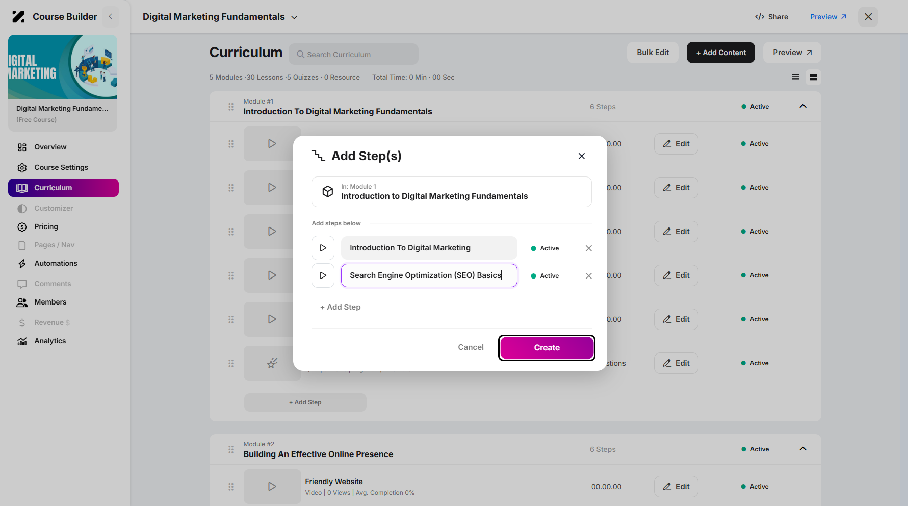 Step 10: Once you’re done adding your lesson or steps, click Create.