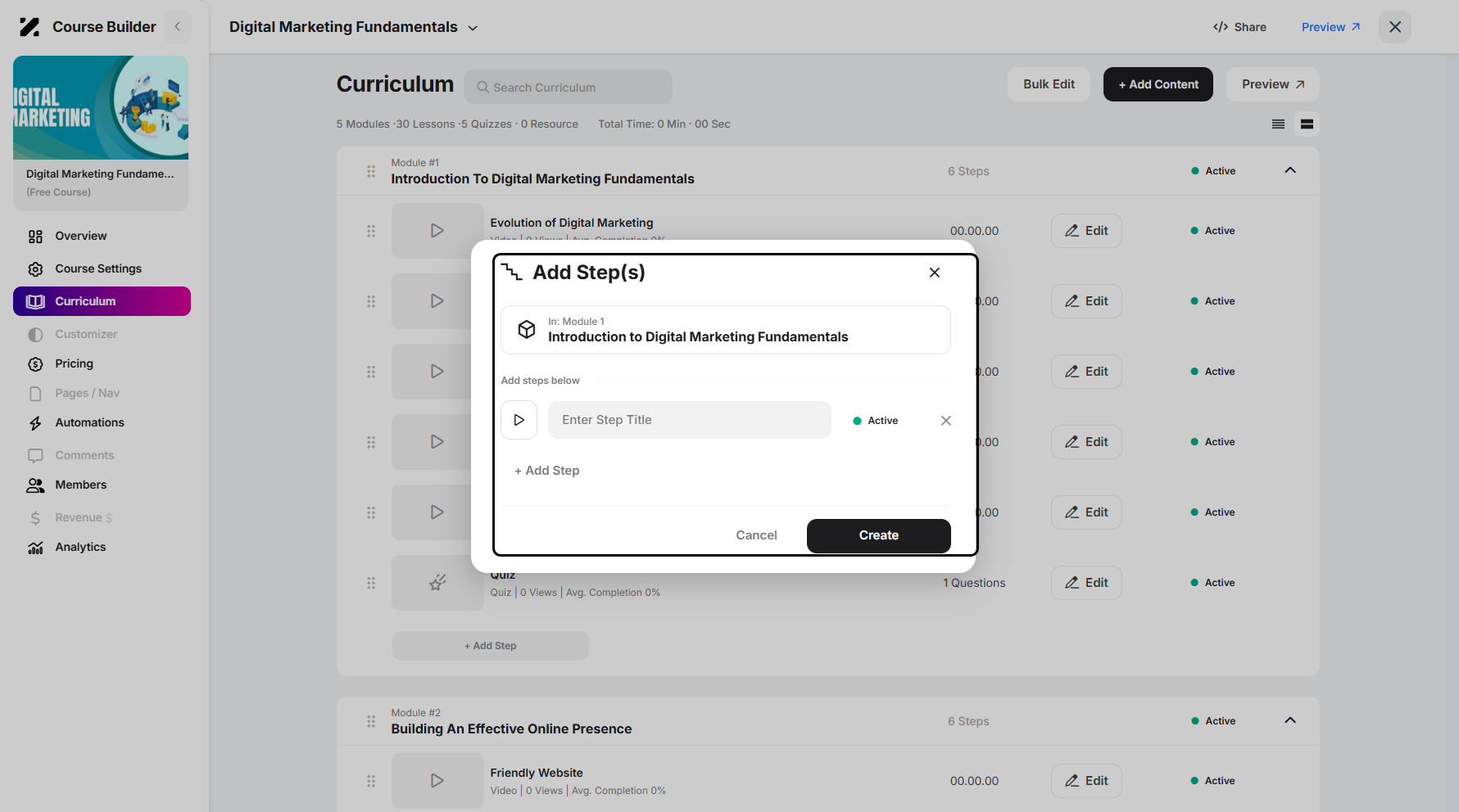 Step 9: A pop-up window will appear, prompting you to enter your new lesson title. You can continue adding steps by clicking + Add Step below.