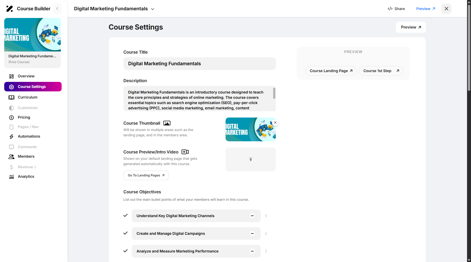 Step 5: You will then be taken to the Course Settings page.