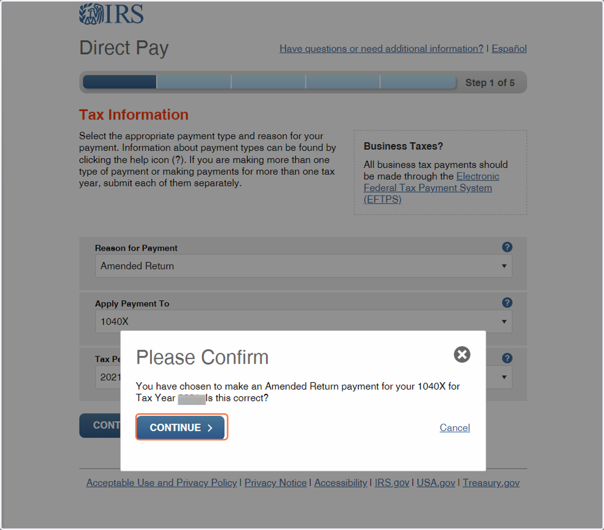 Click on CONTINUE after entering the previous information