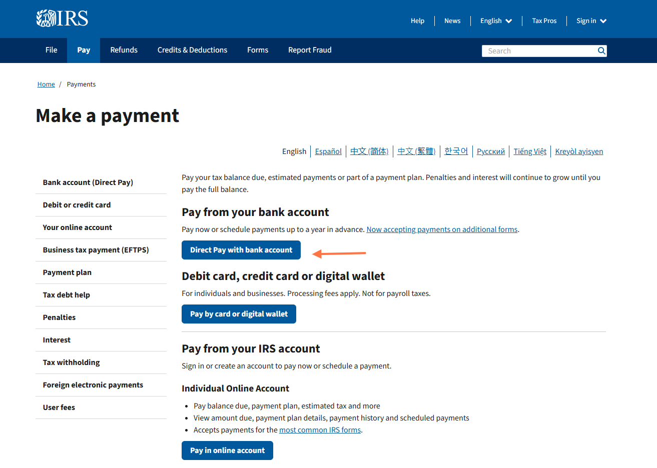 Click on Direct Pay with bank account
