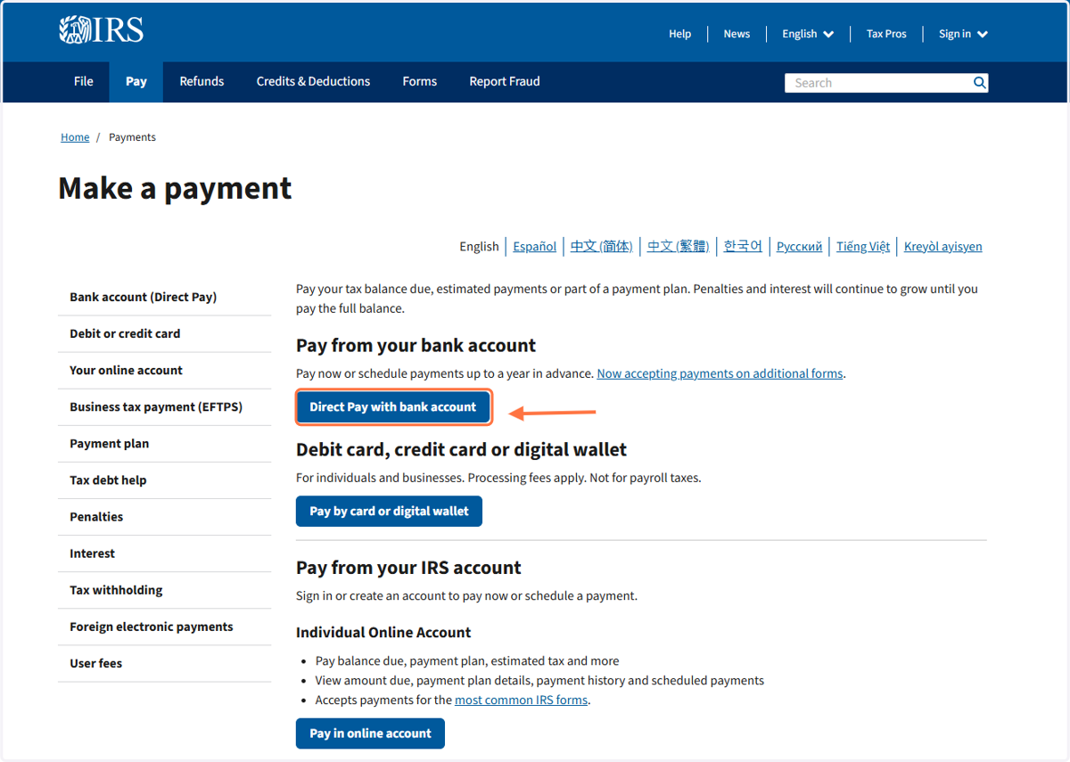 Click on Direct Pay with bank account