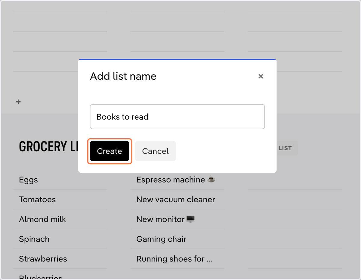 Click on 'Create' to add the list.
