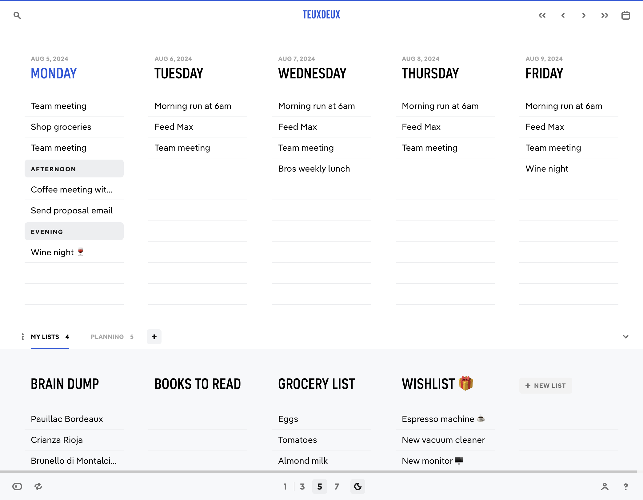 Group someday lists into tabs to easily switch between contexts. Click the '+' to create a new tab.