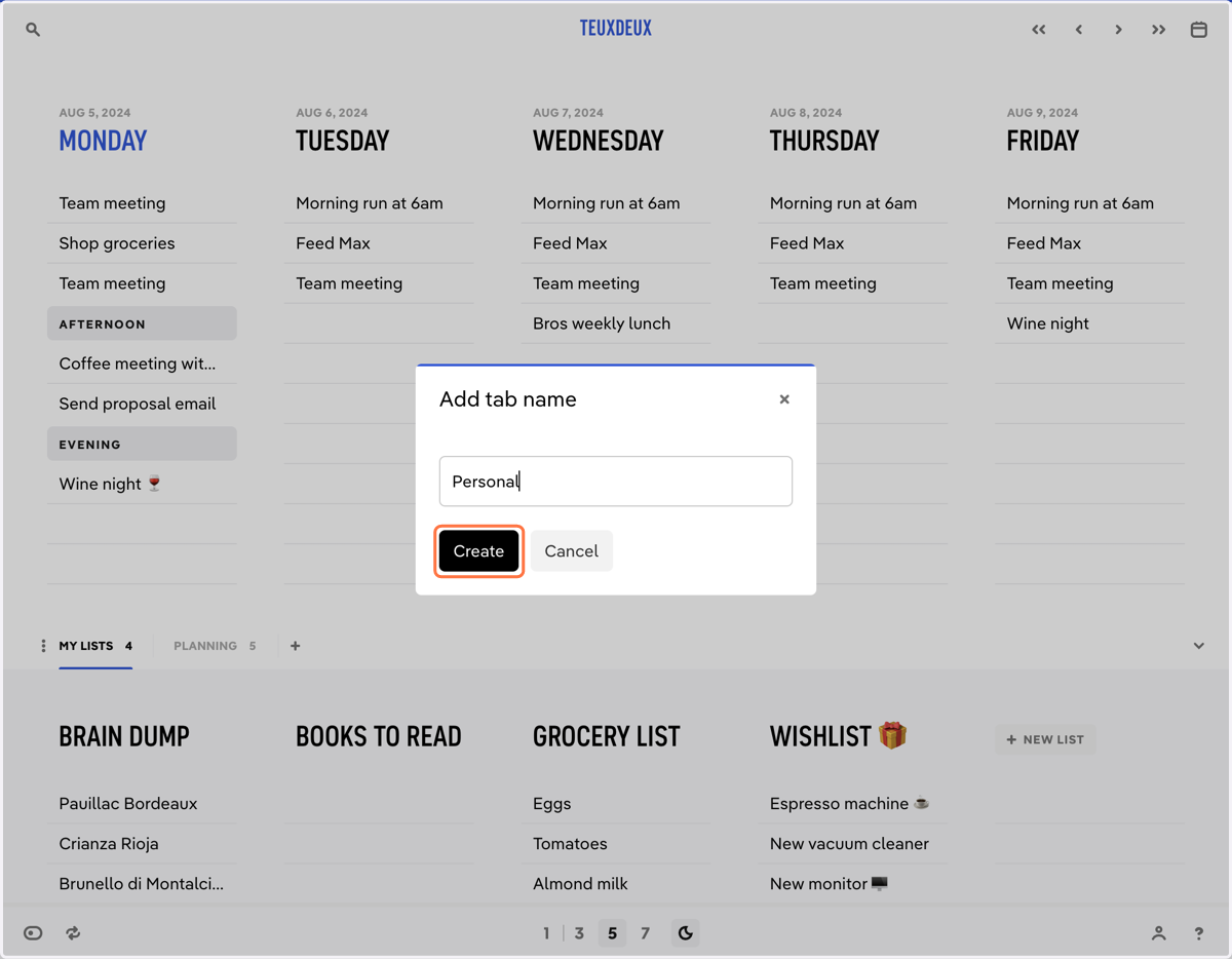 Name the tab and click 'Create'