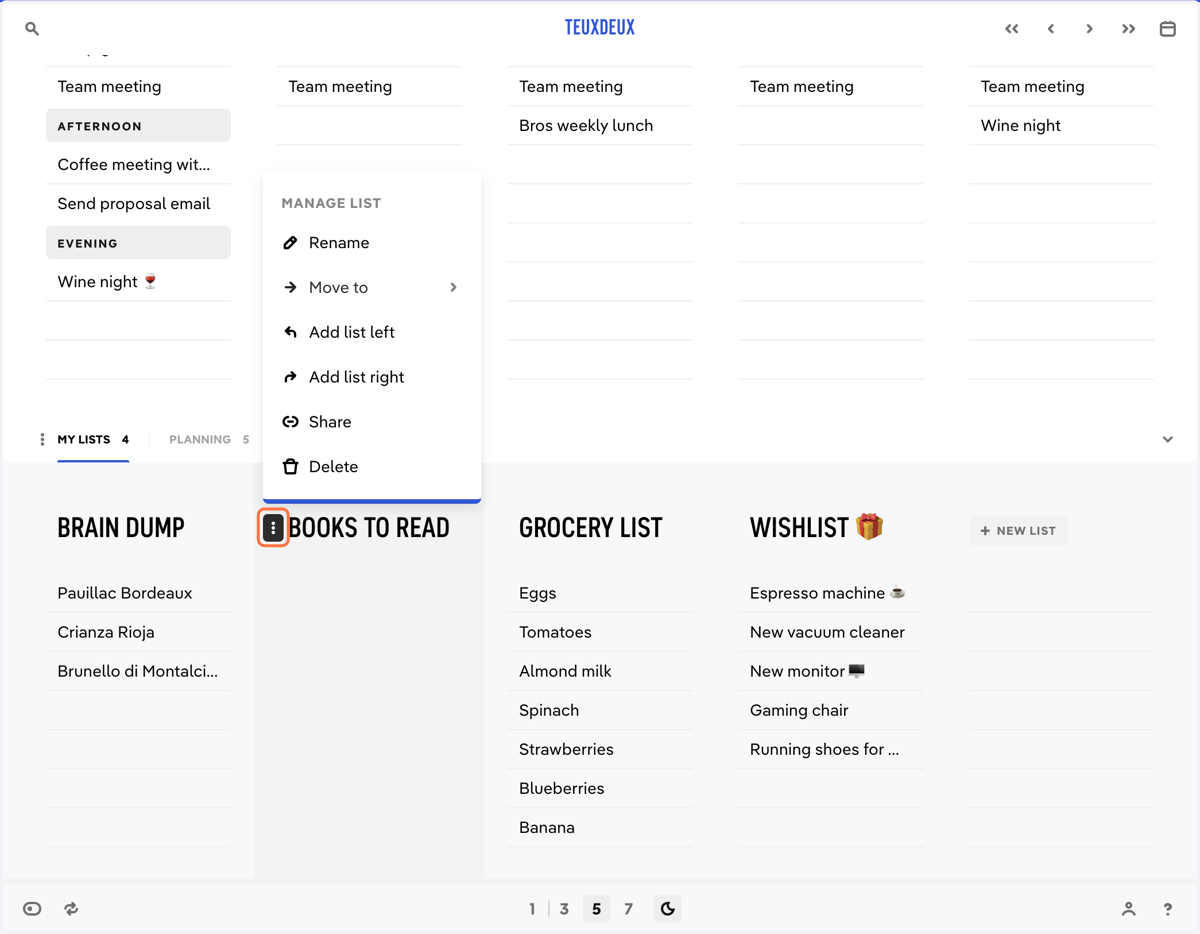 Click the ellipsis beside the list name to manage a someday list.