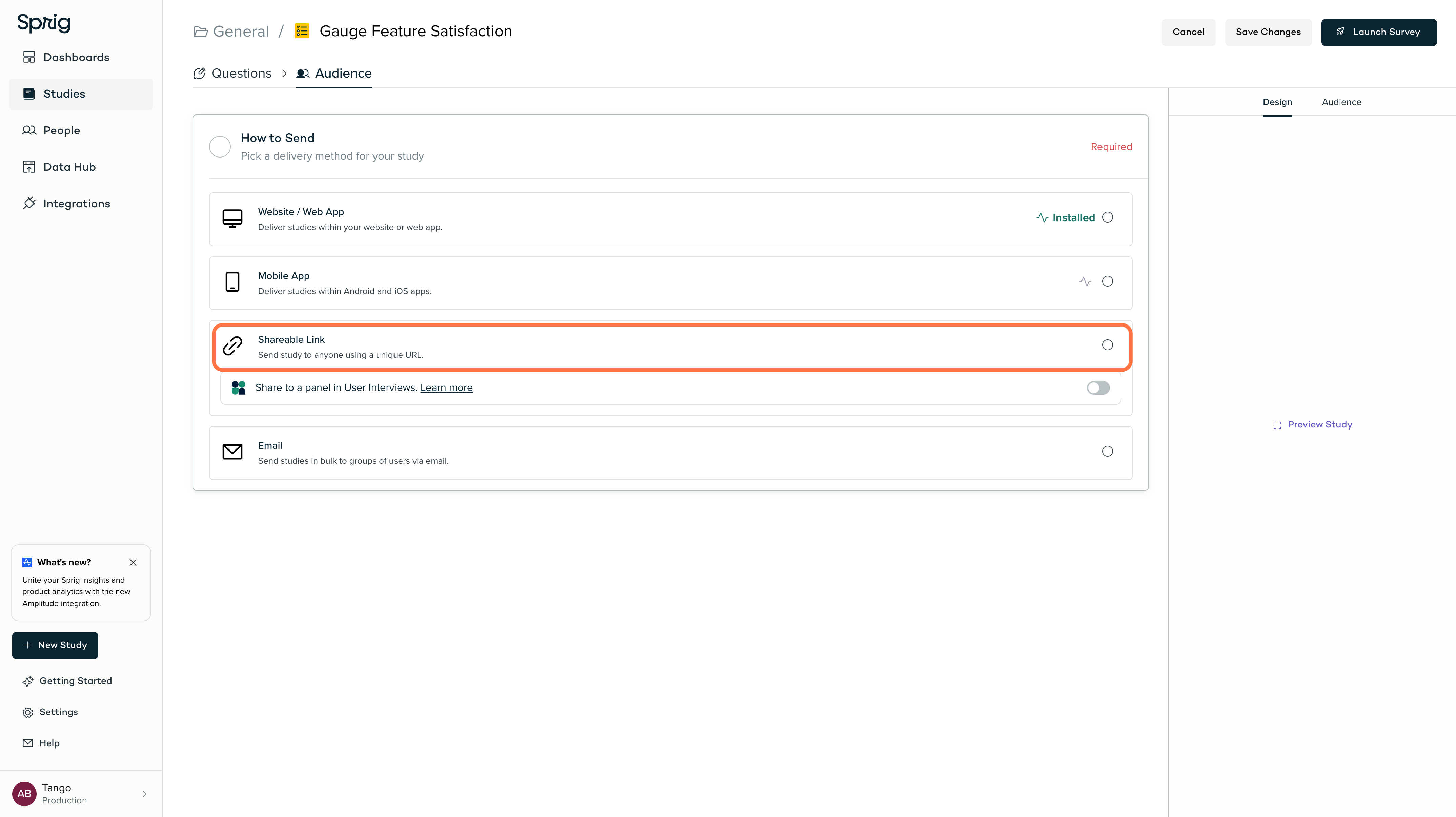 You can program in-app surveys, send a shareable link, or email the survey directly.