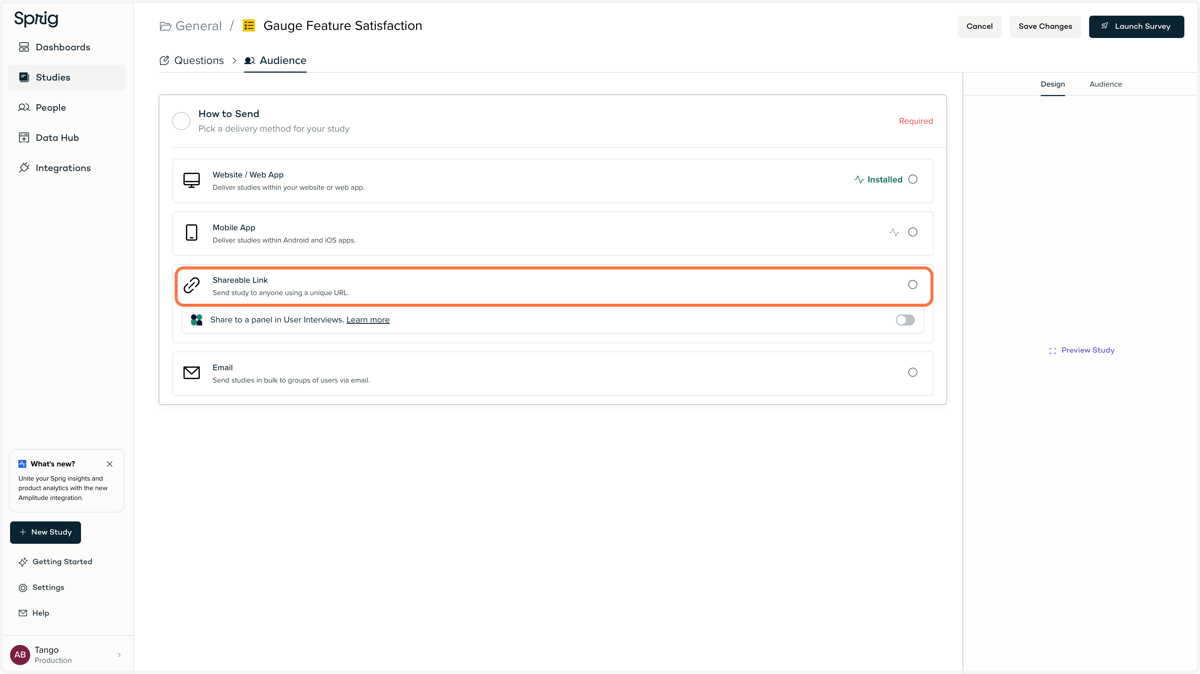 You can program in-app surveys, send a shareable link, or email the survey directly.