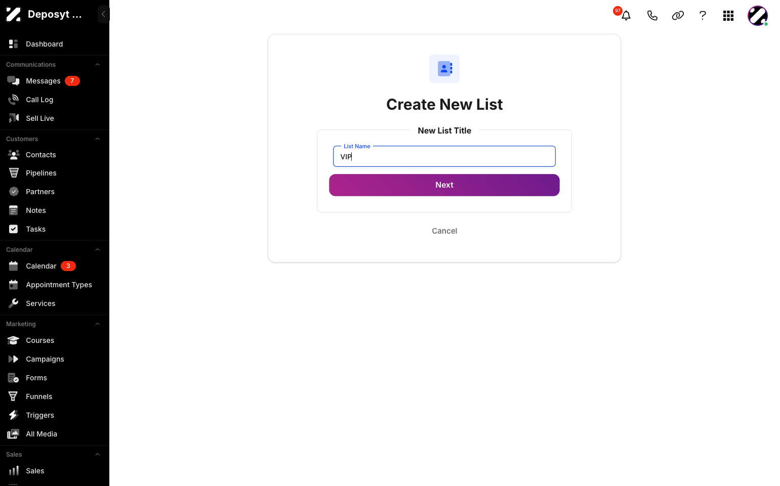 Step 6 : You will be directed to a new screen , input the List name and click next.