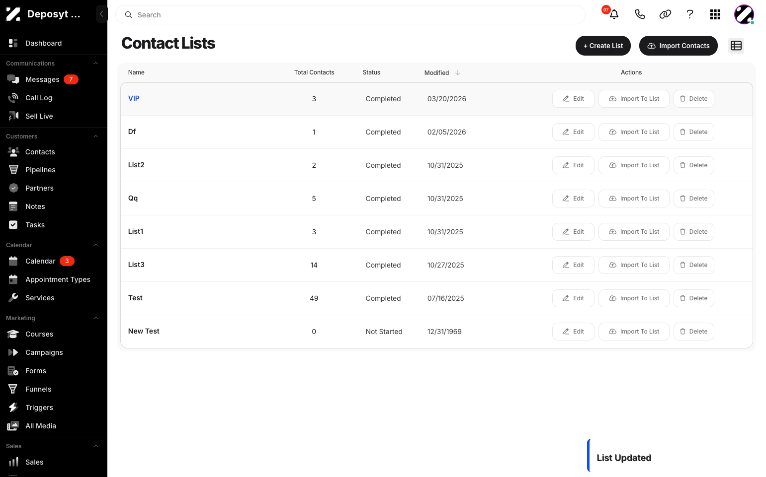 Step 11: You will now see your newly created list in the Lists section.