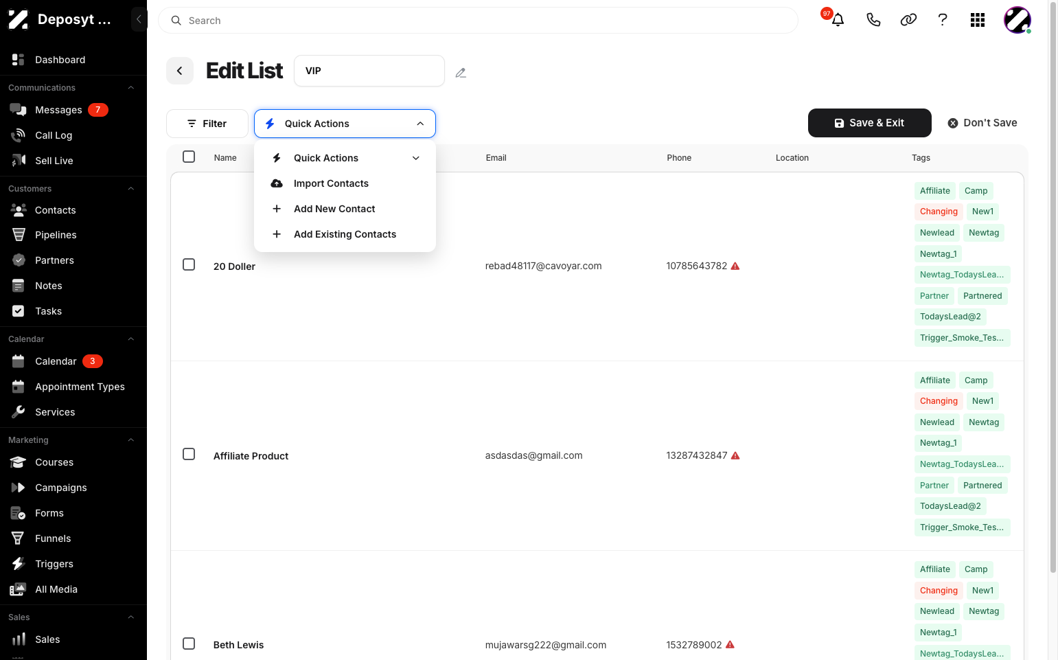 Step 10: From here, you can further edit your list by adding quick actions. When you are done, click the Save & Exit button.