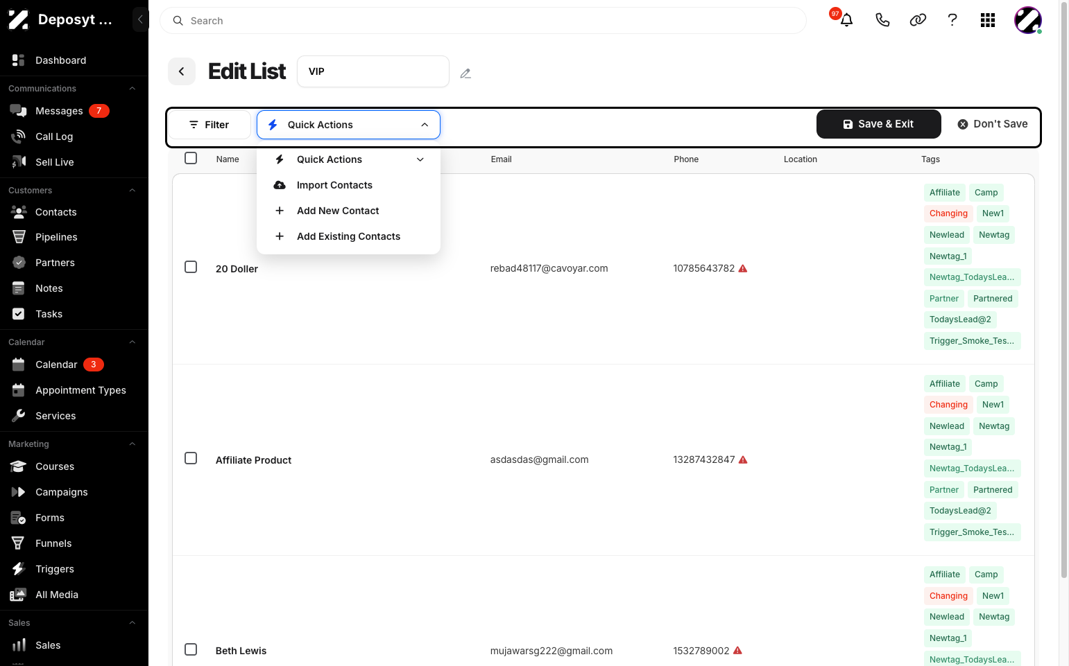 Step 10: From here, you can further edit your list by adding quick actions. When you are done, click the Save & Exit button.