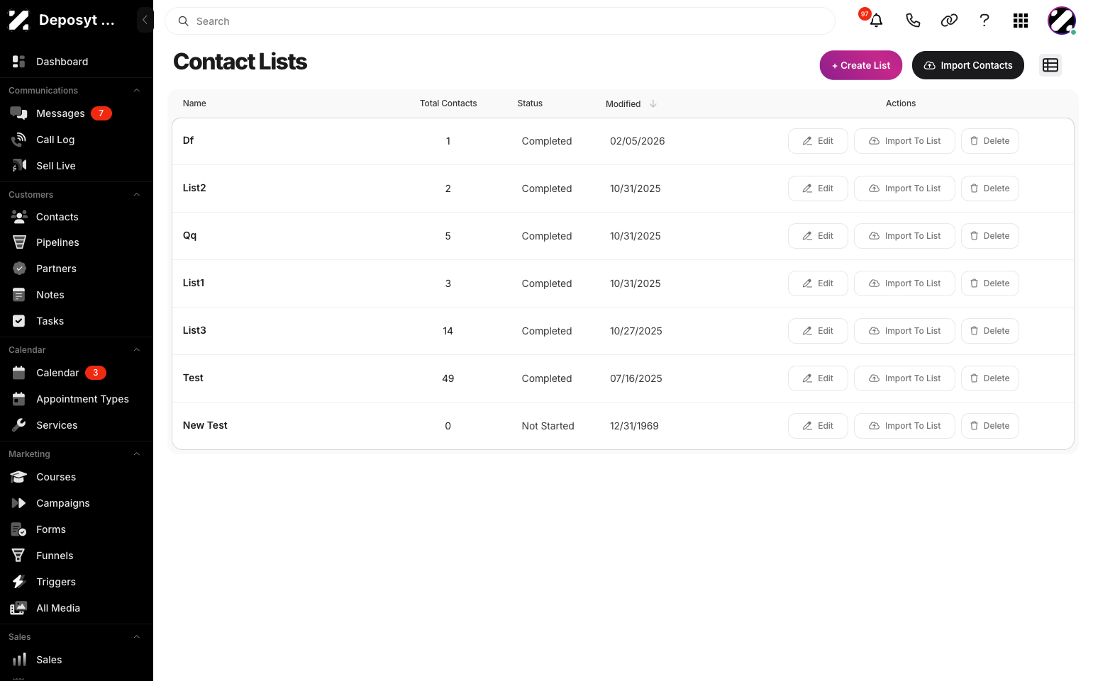 Step 5: To create a new list, click the + Create List button.