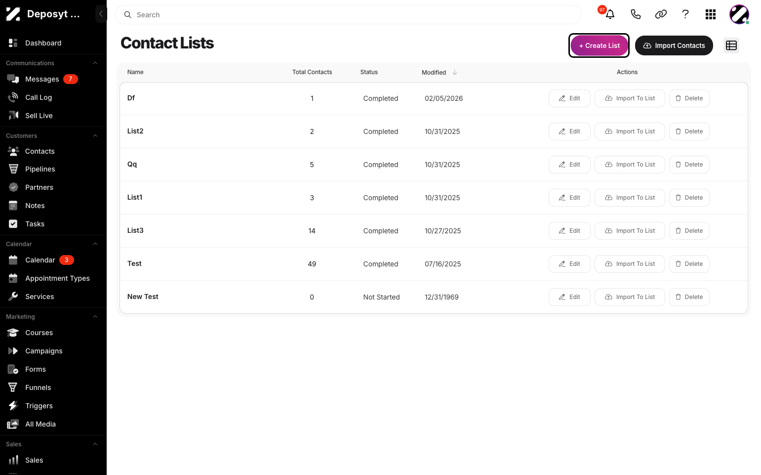 Step 5: To create a new list, click the + Create List button.