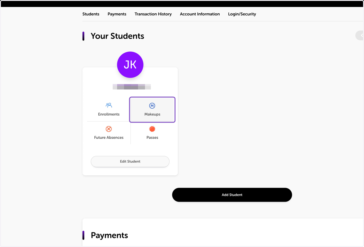 For the student you're booking a makeup, Click on Makeups