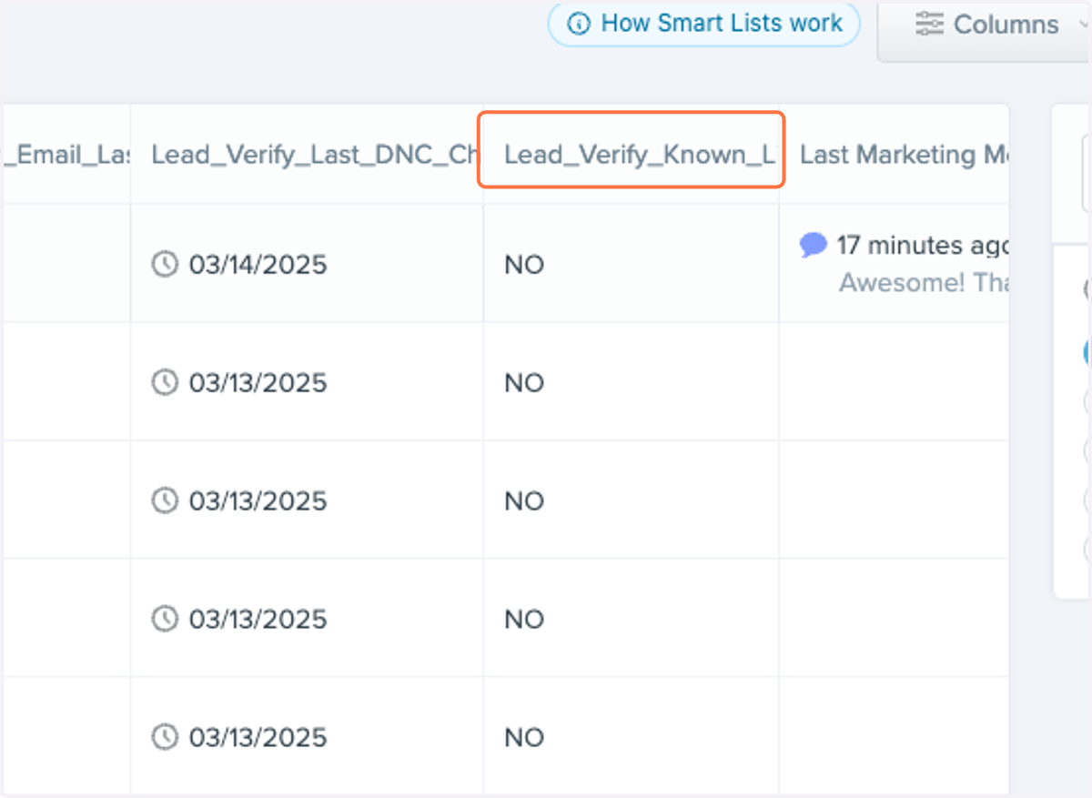 Drag all the columns you added to the front of your smartlist for easier access