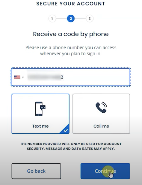 Enter phone number and option to receive the code
