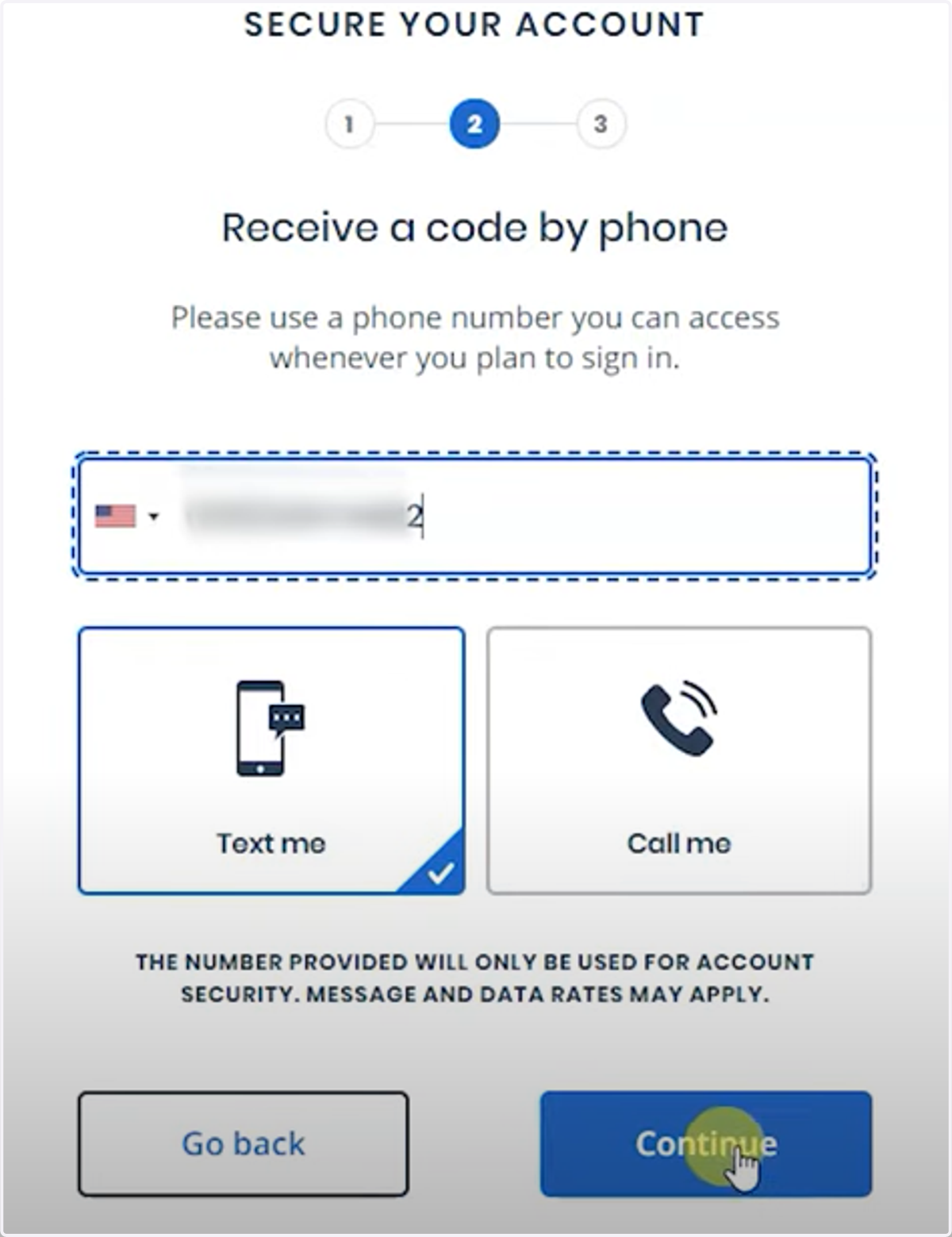 Enter phone number and option to receive the code