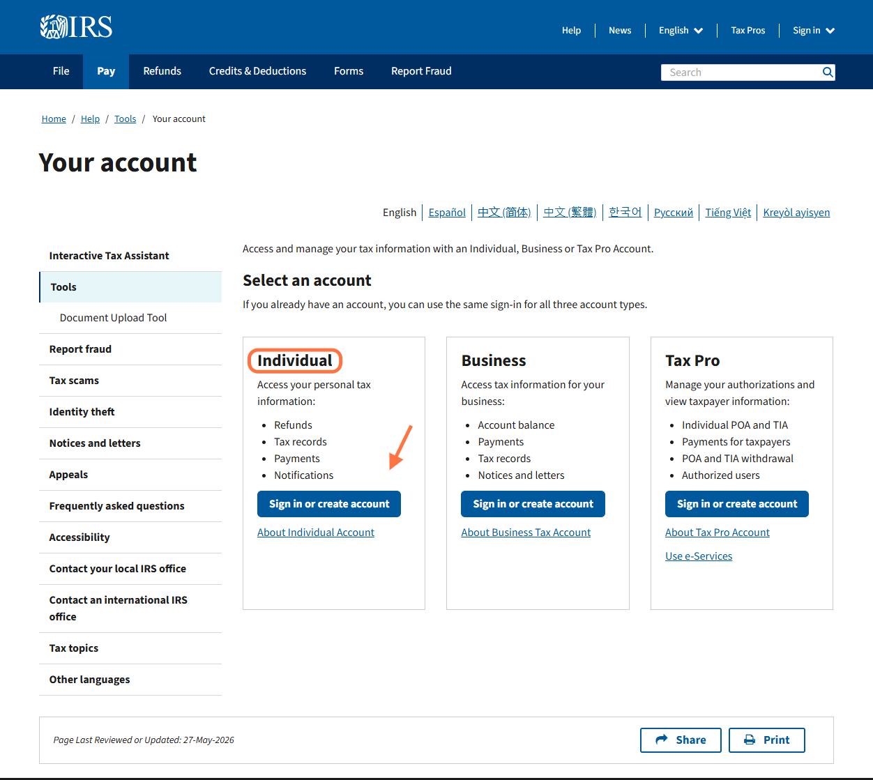 Click on Sign in or Create Account Under Individual