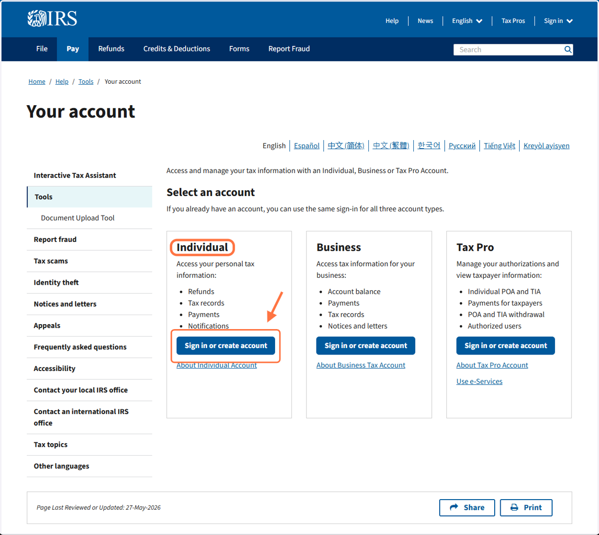 Click on Sign in or Create Account Under Individual