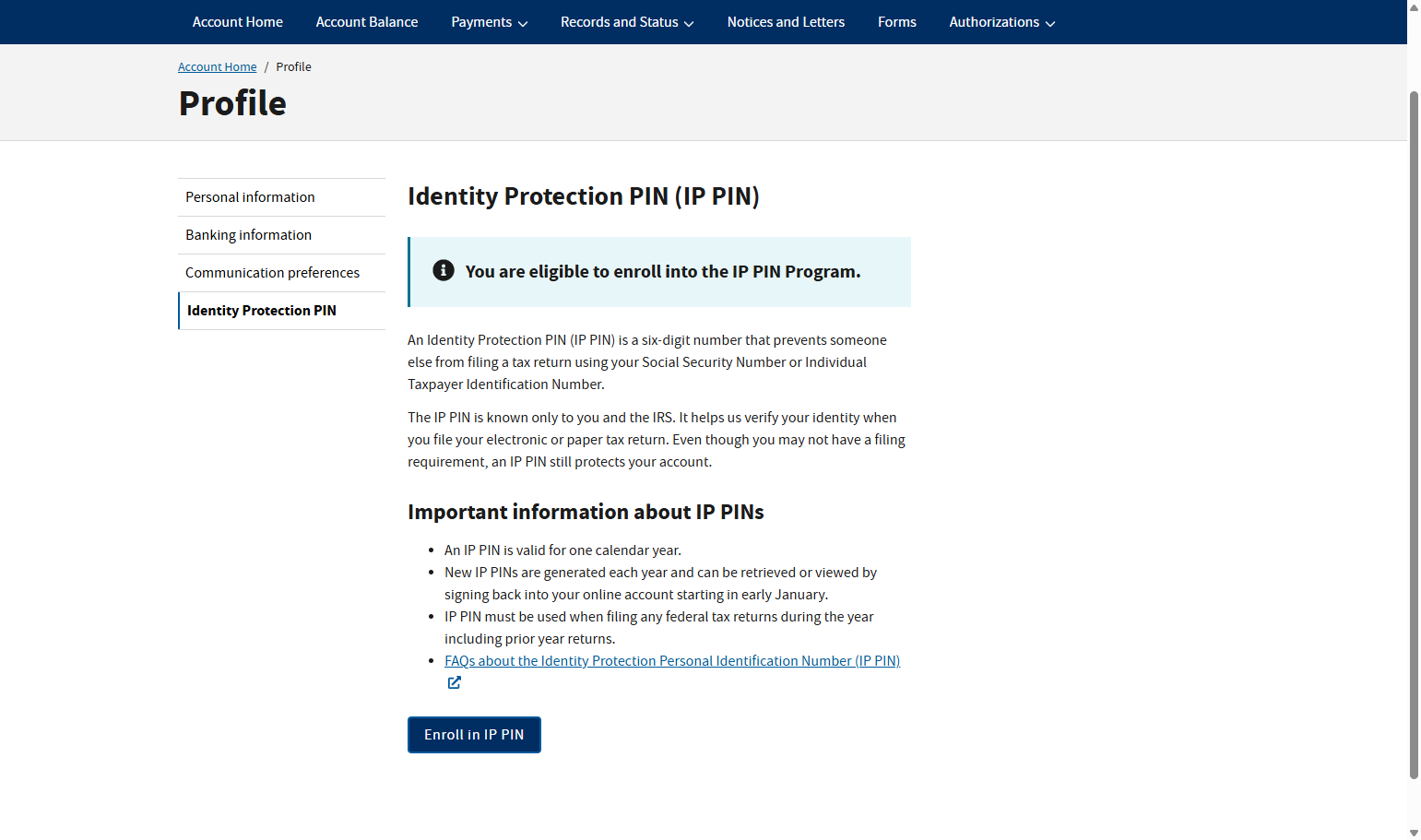 Click on Enroll in IP PIN