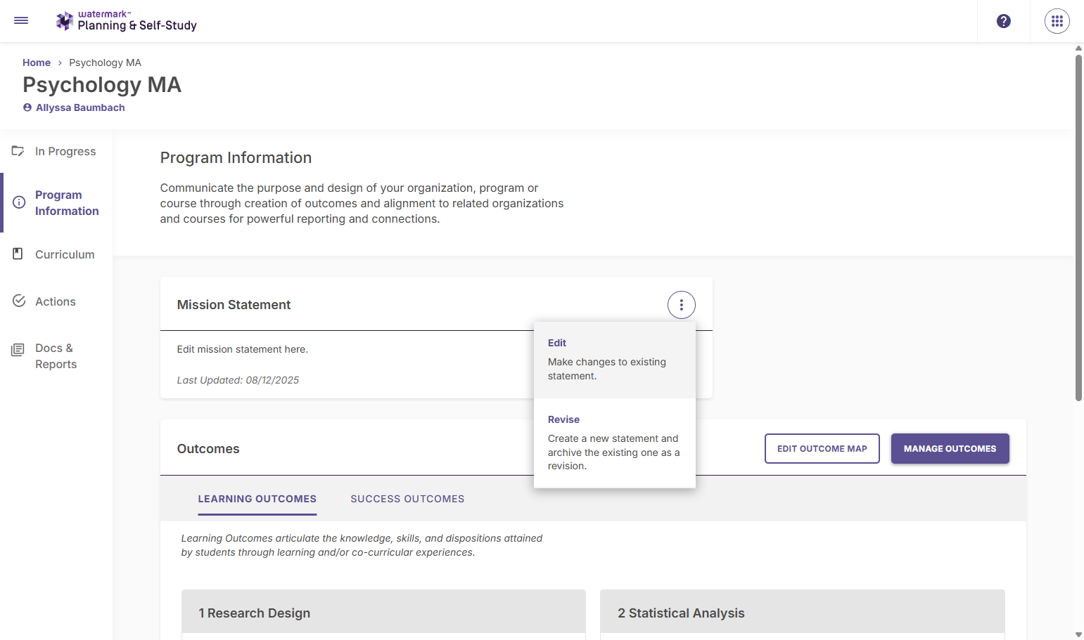 Click on "Edit" to make changes to an existing statement, or archive the existing statement and replace it with a new/revised mission statement.