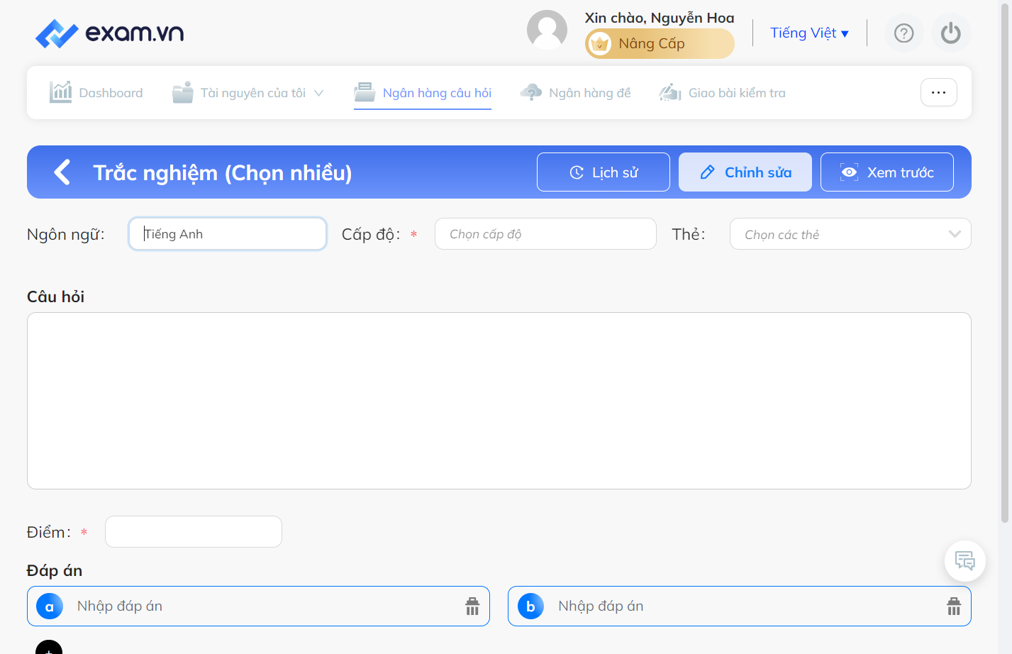 Nhấn chọn "Cấp độ"