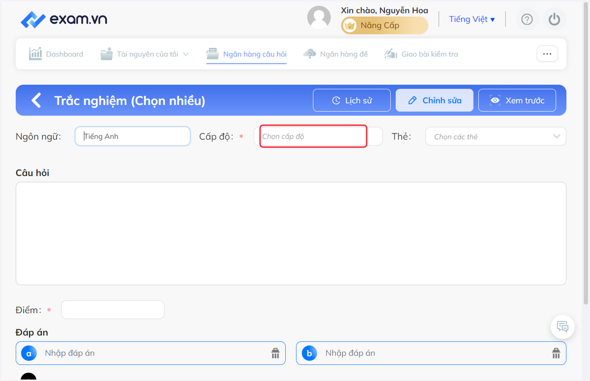 Nhấn chọn "Cấp độ"