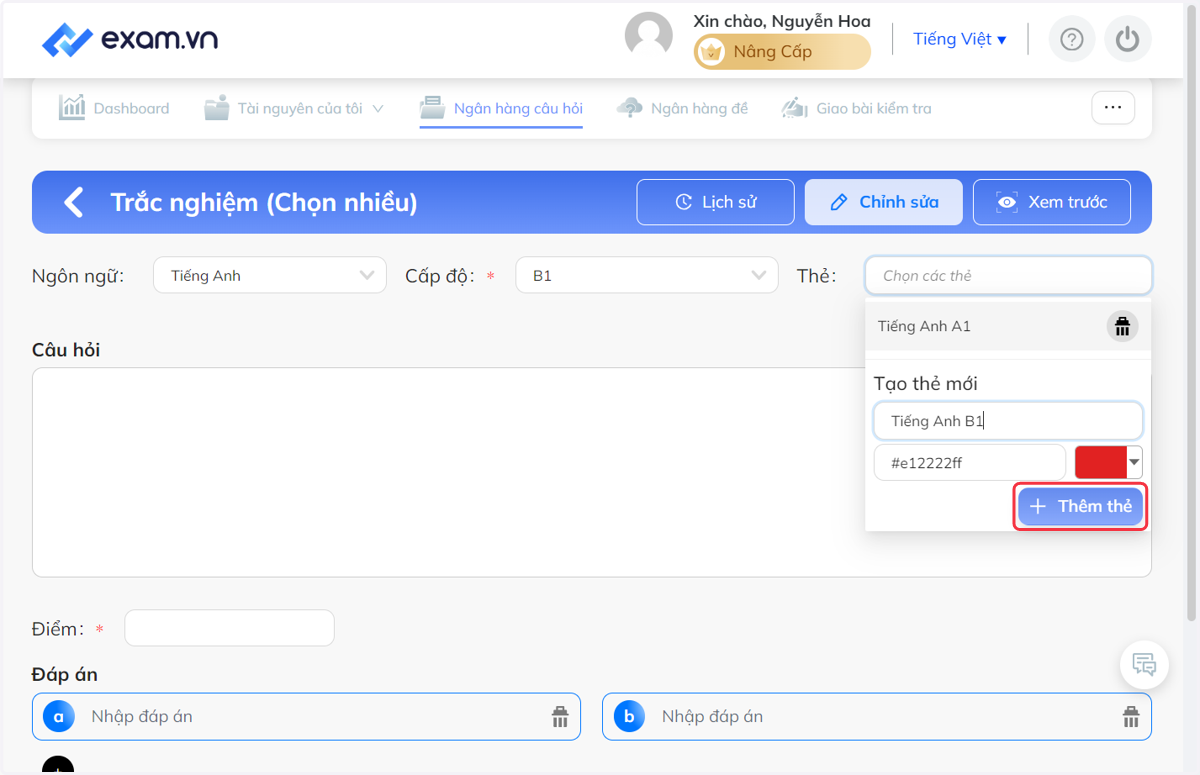 Nhấn chọn "Thêm thẻ"