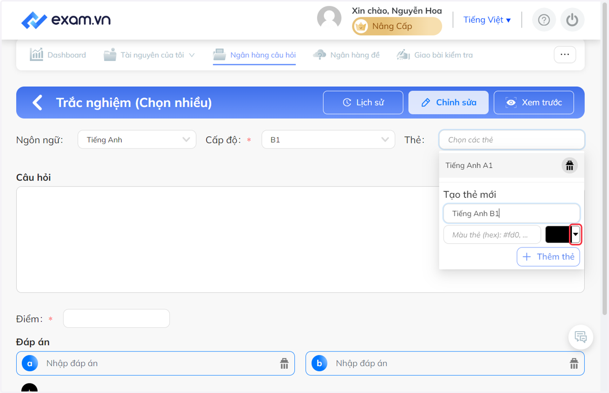 Nhấn vào khung để chọn màu thẻ