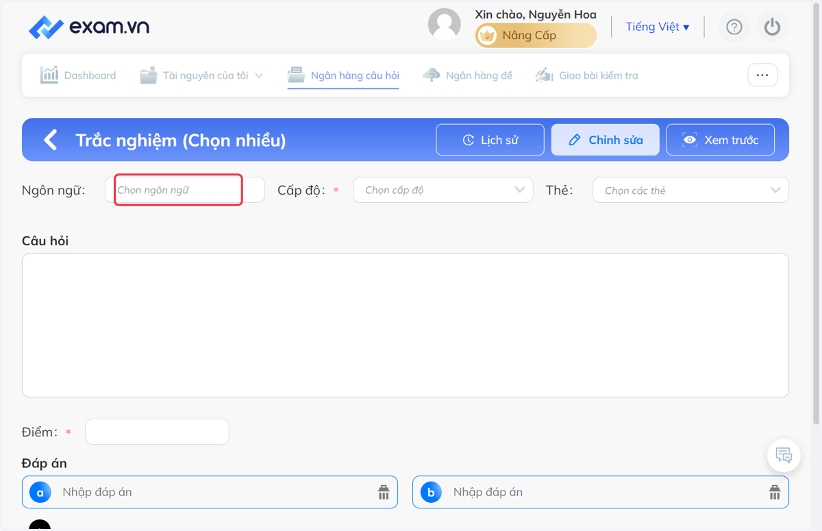 Nhấn chọn "Ngôn ngữ"
