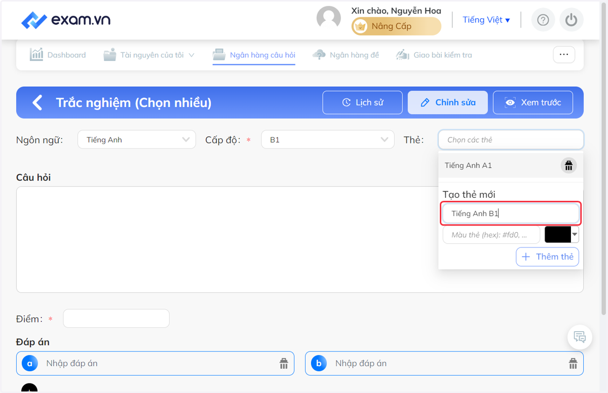 Tại chỗ "Tạo thẻ mới" nhập tên thẻ