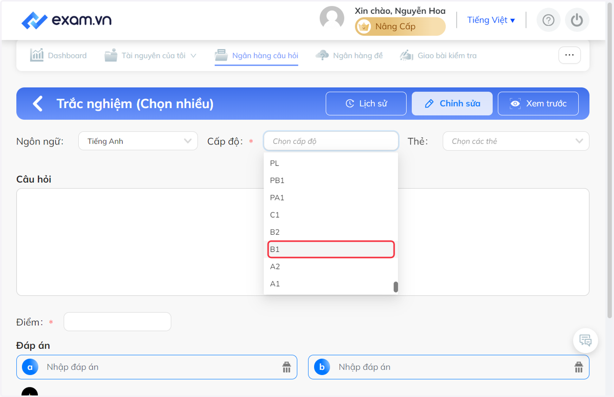 Sau đó chọn cấp độ có trong danh sách