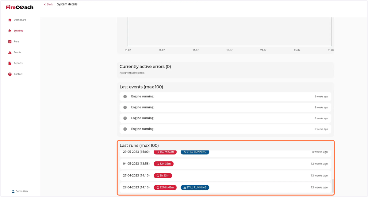 Scroll in the Last runs component to see all runs