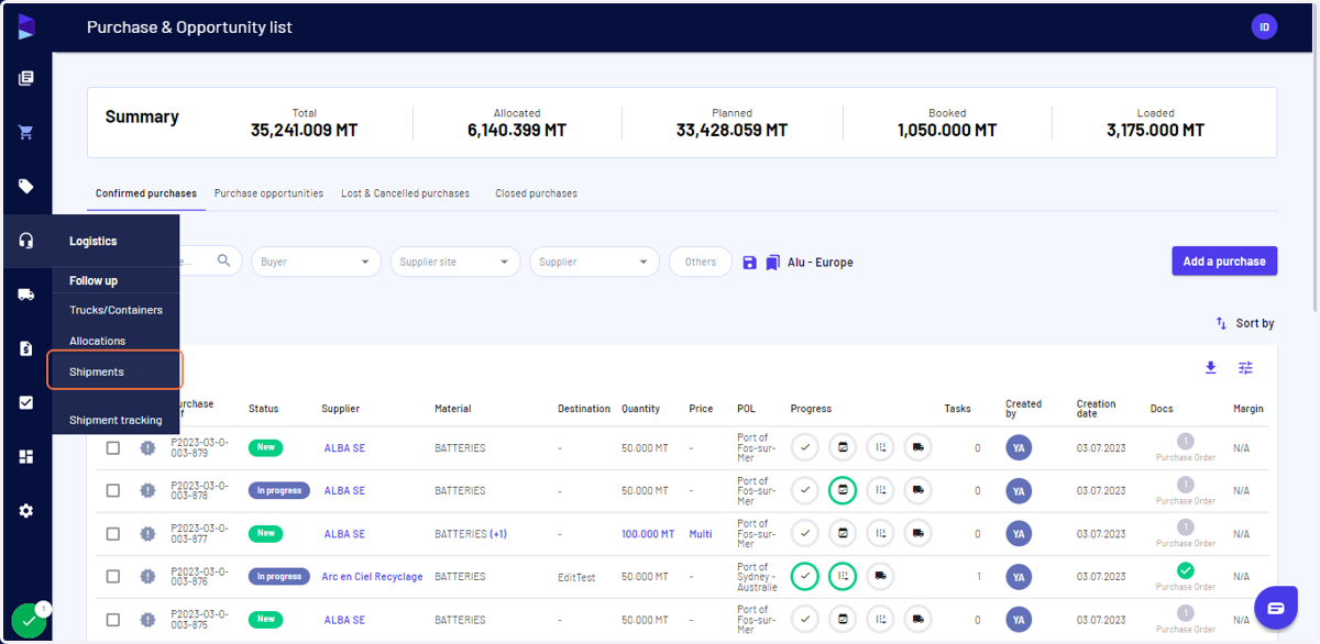 Go to the "Logistics" menu and click on "Shipments"