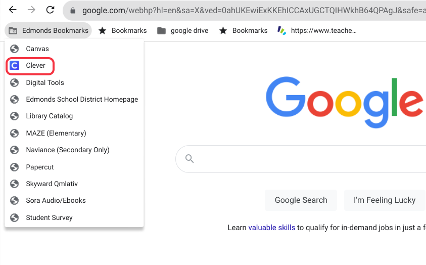 Edmonds Bookmarks dropdown menu with Clever