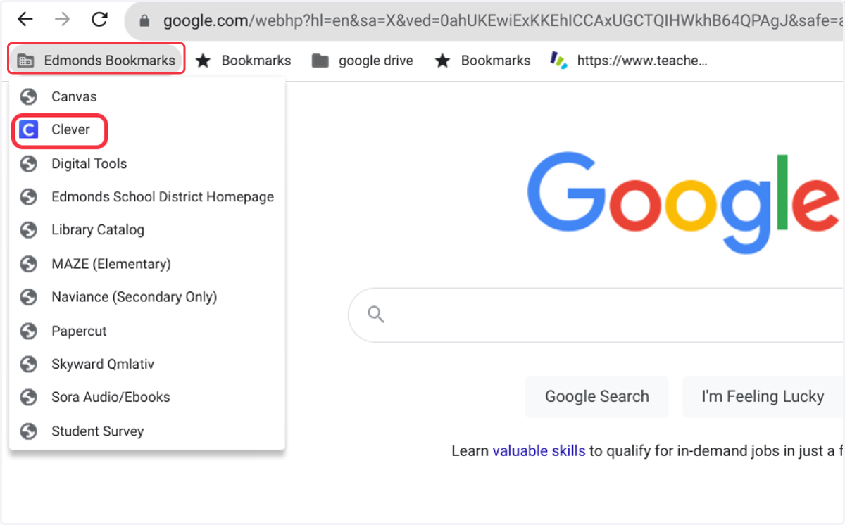 Edmonds Bookmarks dropdown menu with Clever