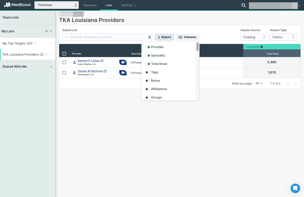 To download your List, click the Export button and choose a file format.