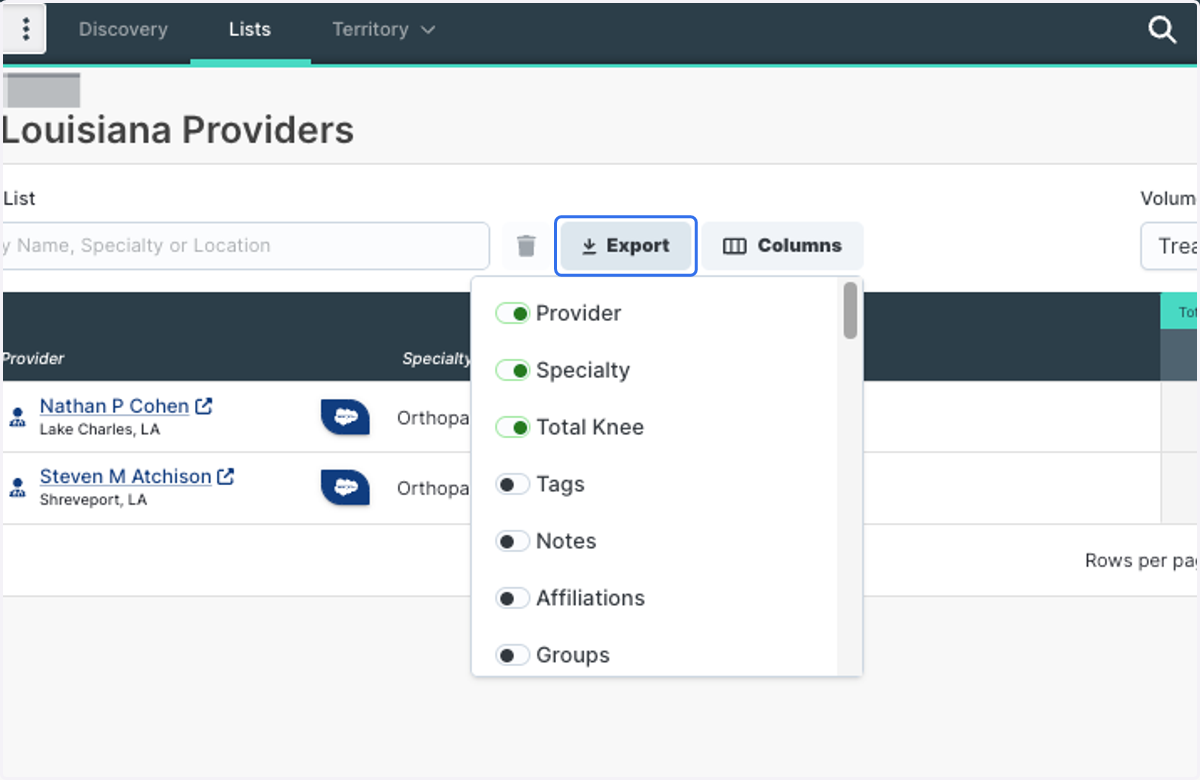 To download your List, click the Export button and choose a file format.