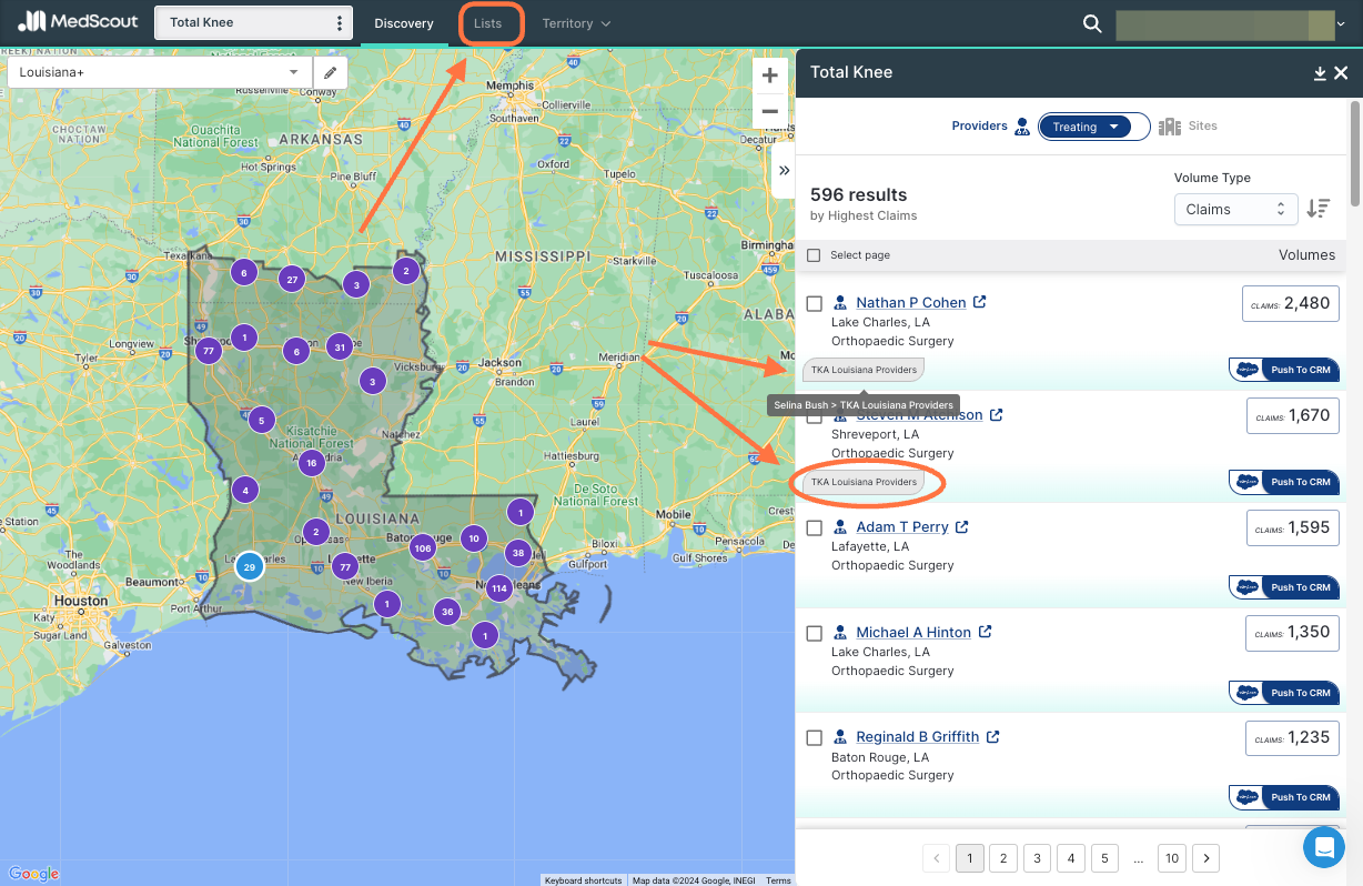 MedScout flags your Prospects with a gray label. Access your List by clicking the gray label or 'Lists' from the platform header.